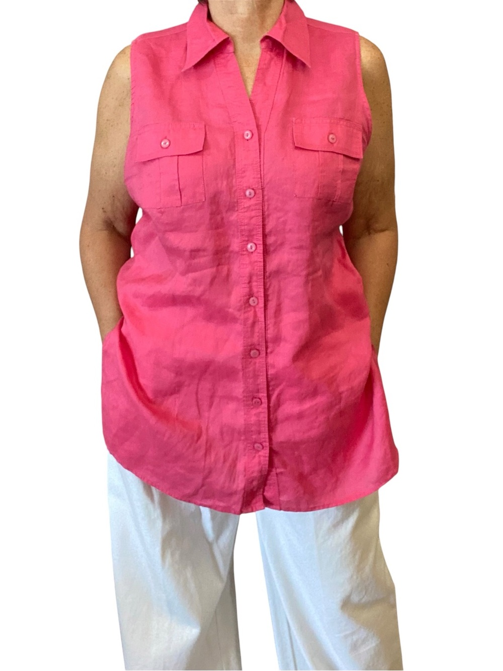 100% Linen Sleeveless Button-Front Shirt - Hot Pink Size L